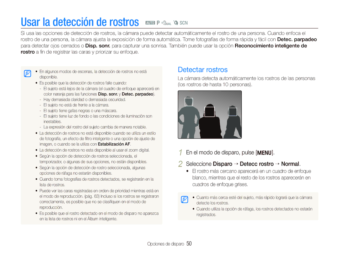 Samsung EC-PL150ZBPLE1, EC-PL151ZBDRE1, EC-PL150ZBPUE1 manual Usar la detección de rostros a p d b s, Detectar rostros 