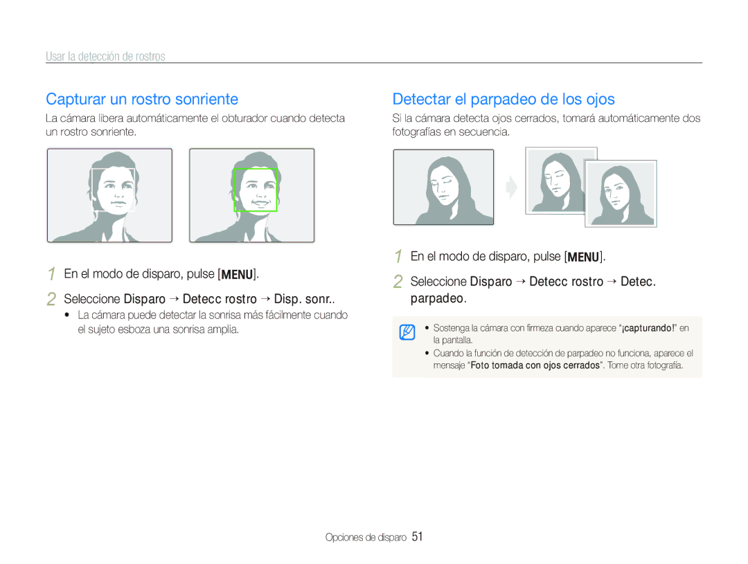 Samsung EC-PL151ZBDRE1 manual Capturar un rostro sonriente, Detectar el parpadeo de los ojos, Usar la detección de rostros 