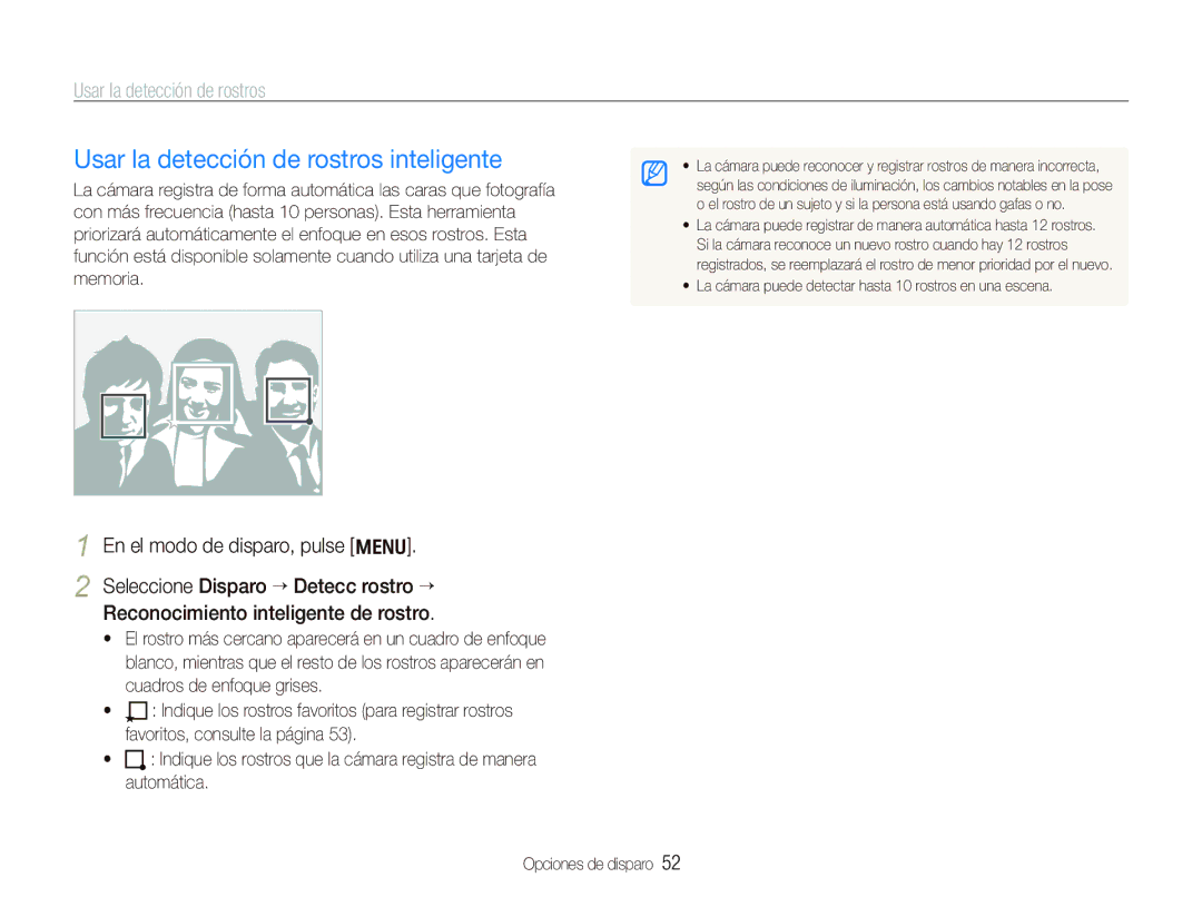 Samsung EC-PL150ZBPUE1, EC-PL151ZBDRE1, EC-PL150ZBPRE1, EC-PL150ZBPLE1 manual Usar la detección de rostros inteligente 