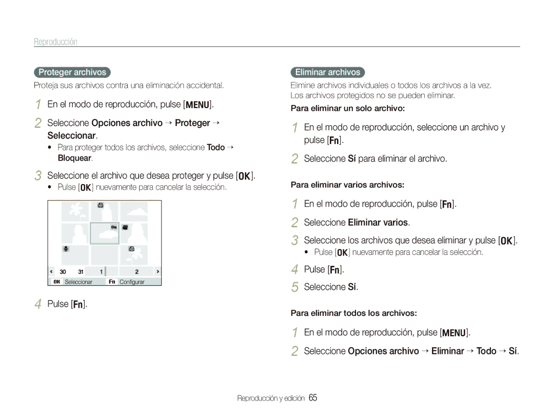 Samsung EC-PL150ZBPRE1 Seleccione el archivo que desea proteger y pulse o, Pulse f Seleccione Sí, Proteger archivos 