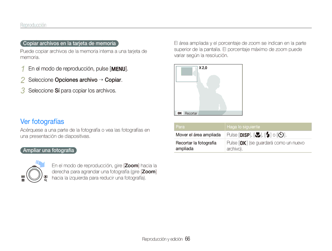 Samsung EC-PL150ZBPLE1, EC-PL151ZBDRE1 Ver fotografías, Copiar archivos en la tarjeta de memoria, Ampliar una fotografía 