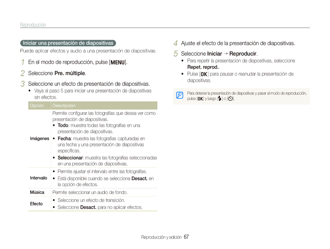 Samsung EC-PL151ZBDRE1, EC-PL150ZBPUE1, EC-PL150ZBPRE1, EC-PL150ZBPLE1 manual Iniciar una presentación de diapositivas, Opción 