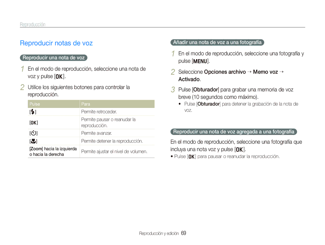 Samsung EC-PL150ZBPRE1 manual Reproducir notas de voz, Reproducir una nota de voz, Añadir una nota de voz a una fotografía 