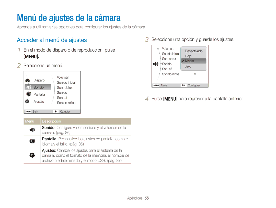 Samsung EC-PL150ZBPRE1, EC-PL151ZBDRE1 manual Menú de ajustes de la cámara, Acceder al menú de ajustes, Menú Descripción 