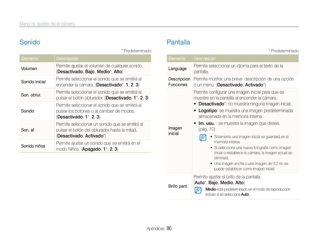 Samsung EC-PL150ZBPLE1, EC-PL151ZBDRE1, EC-PL150ZBPUE1 Sonido, Pantalla, Menú de ajustes de la cámara, Elemento Descripción 