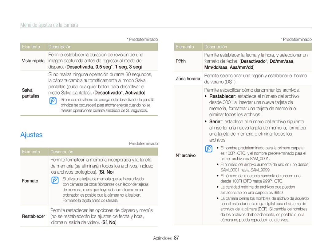 Samsung EC-PL151ZBDRE1, EC-PL150ZBPUE1, EC-PL150ZBPRE1, EC-PL150ZBPLE1 manual Ajustes 