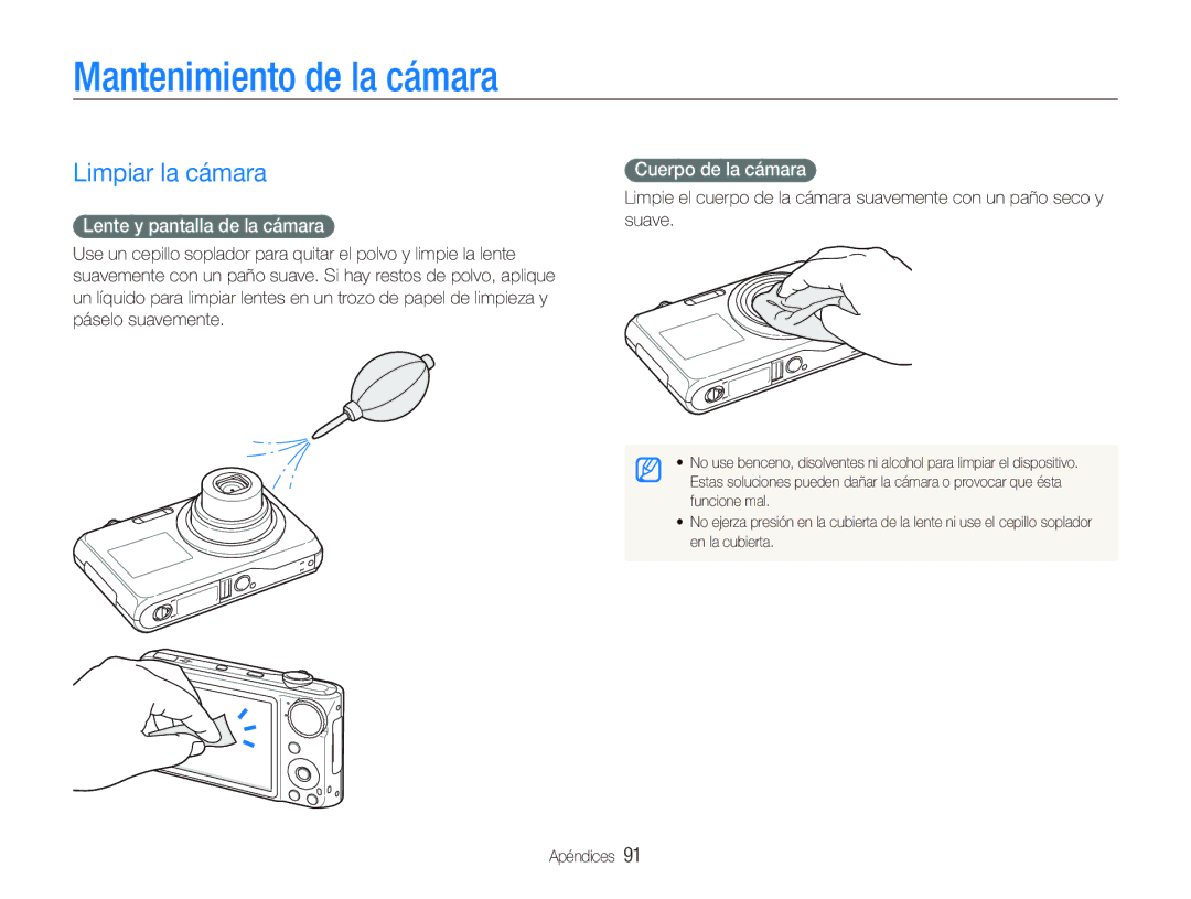 Samsung EC-PL151ZBDRE1 Mantenimiento de la cámara, Limpiar la cámara, Lente y pantalla de la cámara, Cuerpo de la cámara 