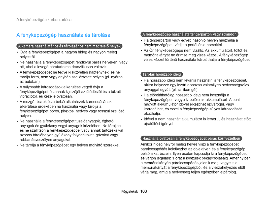 Samsung EC-PL170ZFPLE3, EC-PL170ZBPBE1, EC-PL170ZBPLE1 Fényképezőgép használata és tárolása, Fényképezőgép karbantartása 