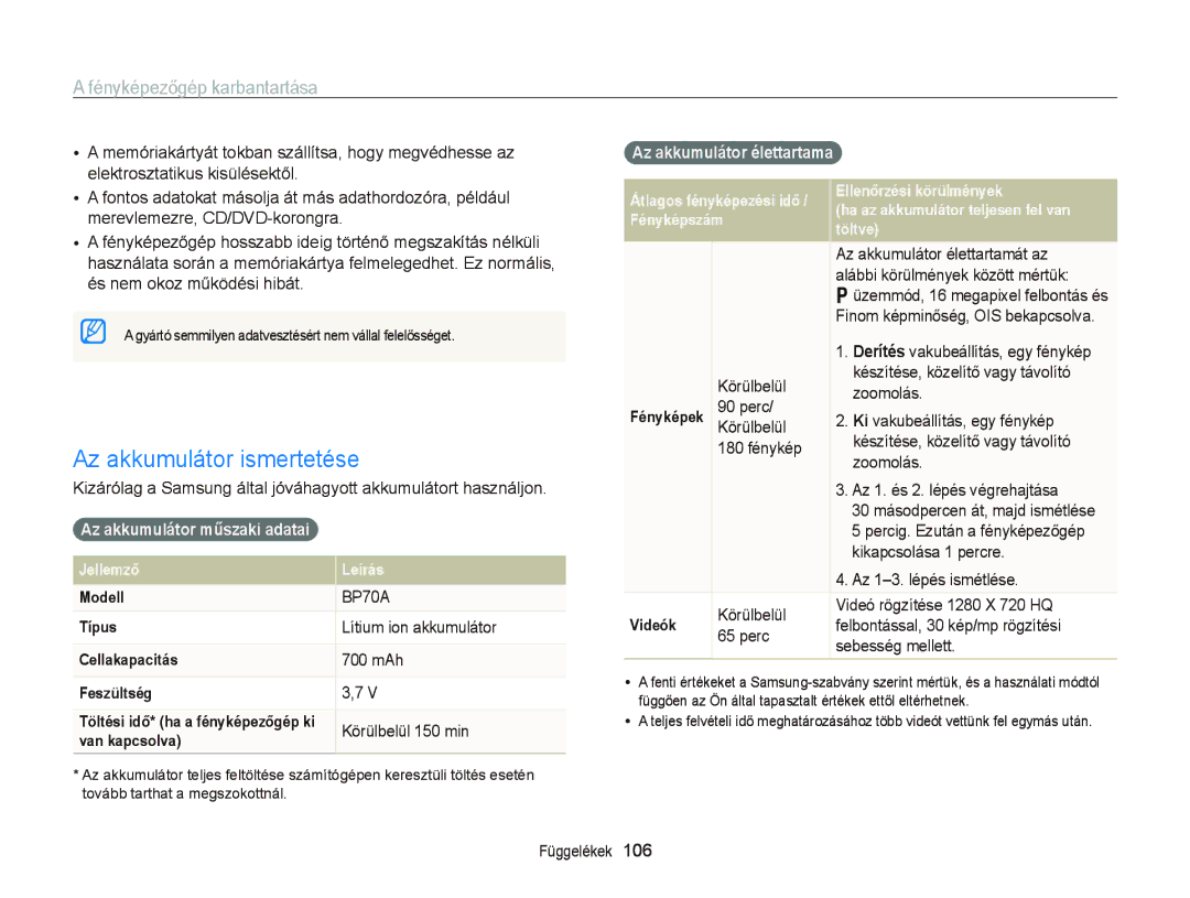 Samsung EC-PL170ZFPPE3 manual Az akkumulátor ismertetése, Az akkumulátor műszaki adatai, Az akkumulátor élettartama  