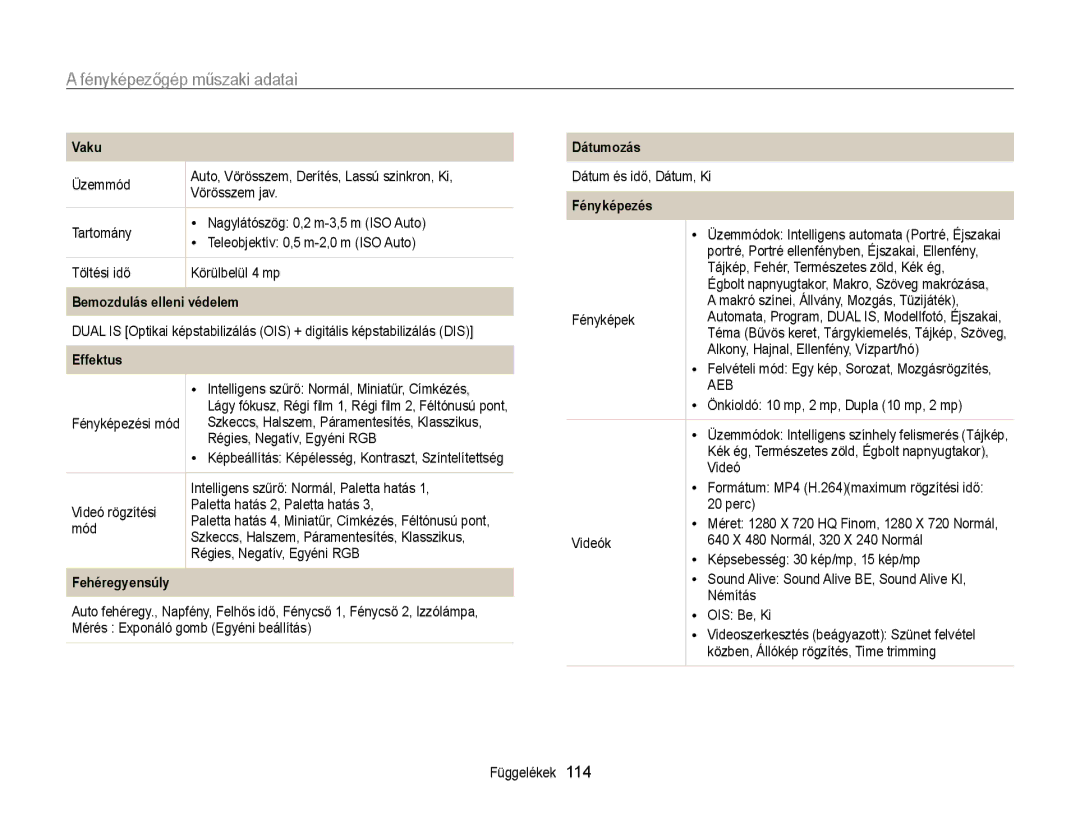 Samsung EC-PL170ZFPBE2, EC-PL170ZBPBE1 manual Fényképezőgép műszaki adatai, Vaku, Bemozdulás elleni védelem, Fehéregyensúly 