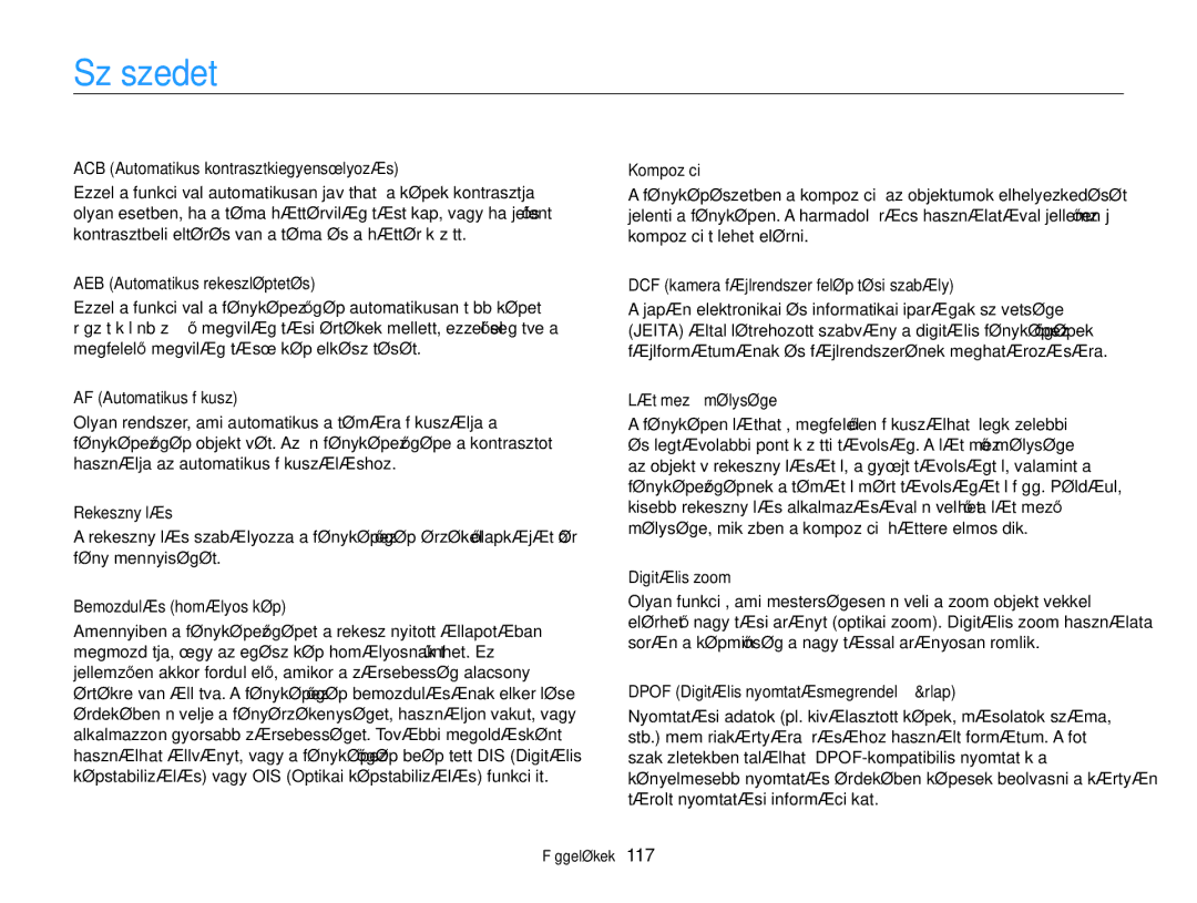 Samsung EC-PL170ZFPSE3, EC-PL170ZBPBE1, EC-PL170ZBPLE1, EC-PL170ZBPBE3, EC-PL170ZBPPE3, EC-PL170ZBPSE3 manual Szószedet 