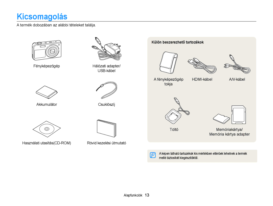 Samsung EC-PL170ZBPBE3, EC-PL170ZBPBE1, EC-PL170ZBPLE1, EC-PL170ZBPPE3 manual Kicsomagolás, Külön beszerezhető tartozékok 