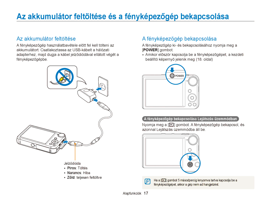 Samsung EC-PL170ZBPBE2 Az akkumulátor feltöltése és a fényképezőgép bekapcsolása, Fényképezőgép bekapcsolása, Narancs Hiba 