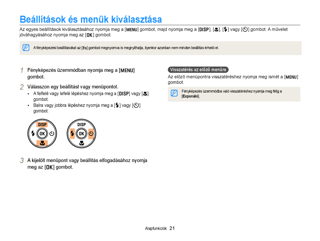 Samsung EC-PL170ZFPSE3, EC-PL170ZBPBE1 manual Beállítások és menük kiválasztása, Visszatérés az előző menüre, Exponáló 