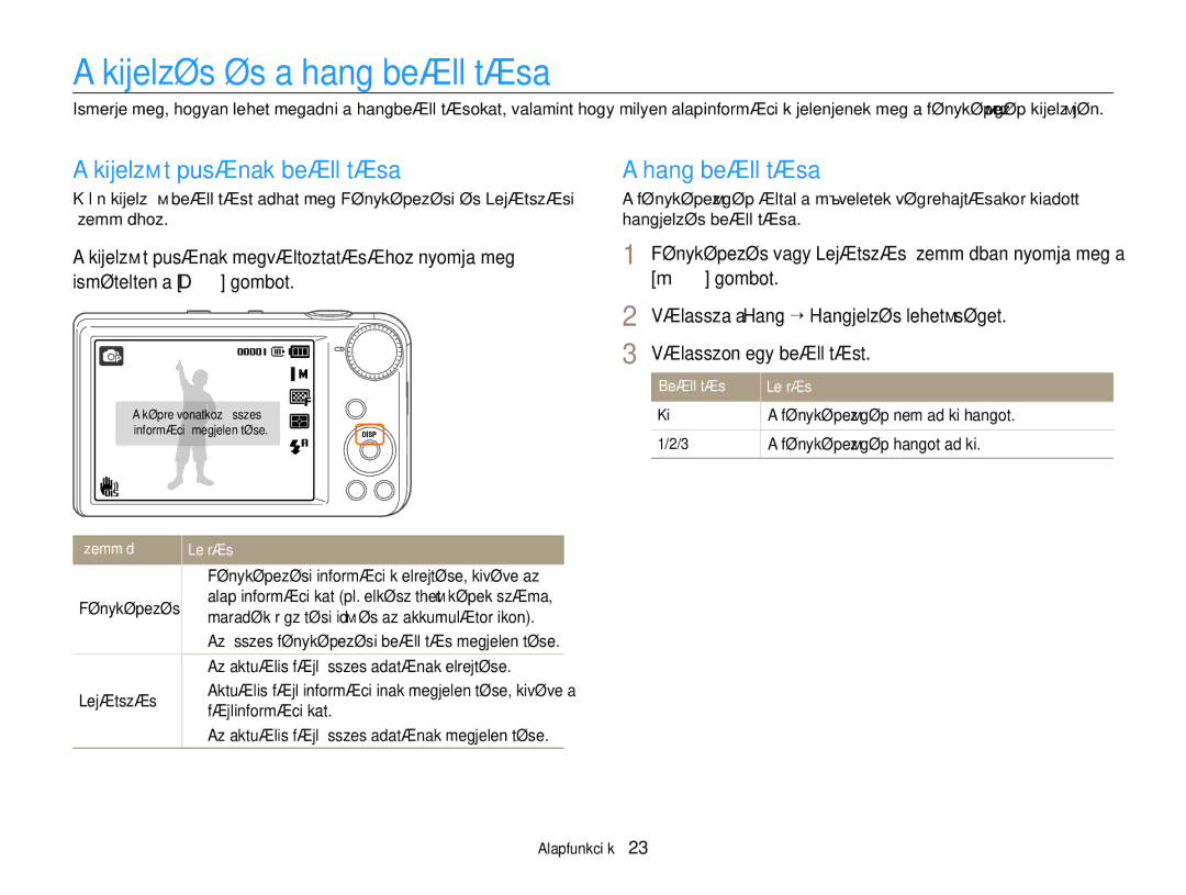 Samsung EC-PL170ZBPBE1, EC-PL170ZBPLE1 manual Kijelzés és a hang beállítása, Kijelző típusának beállítása, Hang beállítása 