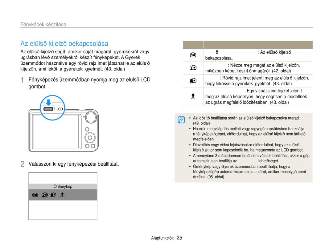 Samsung EC-PL170ZBPBE3, EC-PL170ZBPBE1, EC-PL170ZBPLE1, EC-PL170ZBPPE3 Az elülső kijelző bekapcsolása, Fényképek készítése 