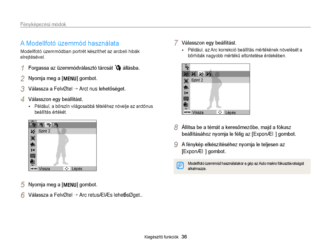 Samsung EC-PL170ZBPLE1, EC-PL170ZBPBE1 manual Modellfotó üzemmód használata, Válassza a Felvétel “ Arc retusálás lehetőséget 