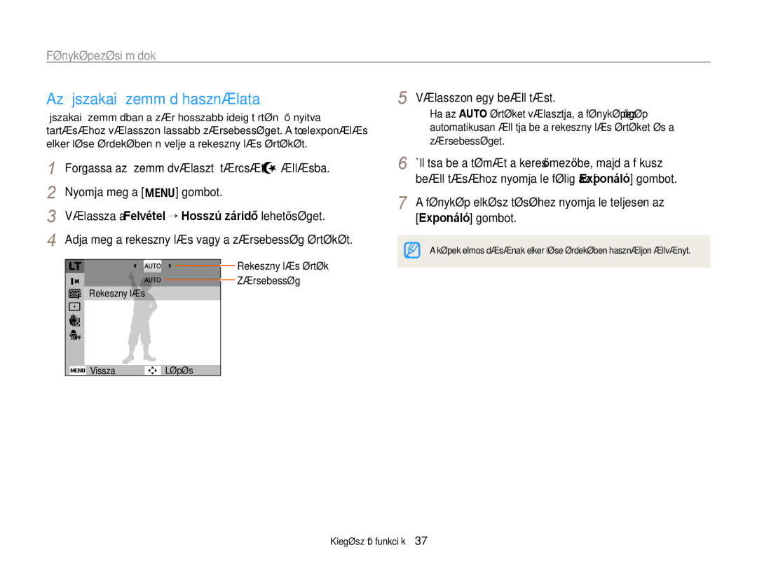 Samsung EC-PL170ZBPBE3, EC-PL170ZBPBE1, EC-PL170ZBPLE1 manual Az Éjszakai üzemmód használata, Rekesznyílás érték Zársebesség 