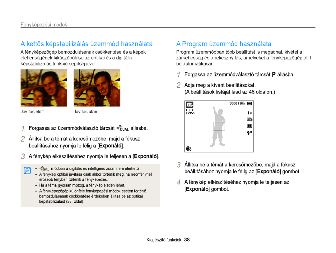 Samsung EC-PL170ZBPPE3, EC-PL170ZBPBE1 manual Kettős képstabilizálás üzemmód használata, Program üzemmód használata 