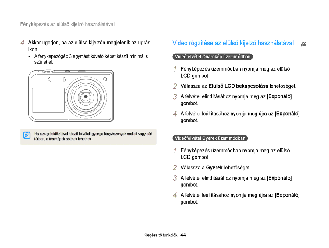 Samsung EC-PL170ZBPLE3, EC-PL170ZBPBE1 manual Akkor ugorjon, ha az elülső kijelzőn megjelenik az ugrás, Ikon, LCD gombot 