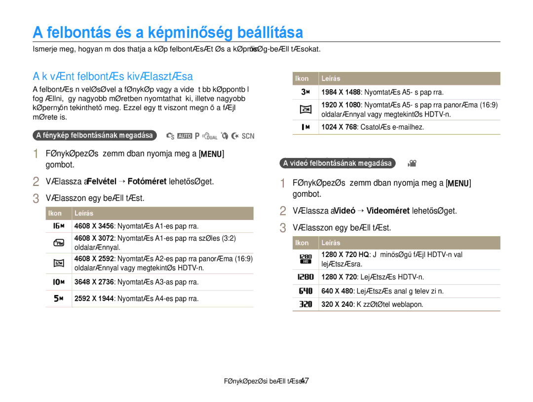 Samsung EC-PL170ZBPBE1, EC-PL170ZBPLE1, EC-PL170ZBPBE3 Felbontás és a képminőség beállítása, Kívánt felbontás kiválasztása 