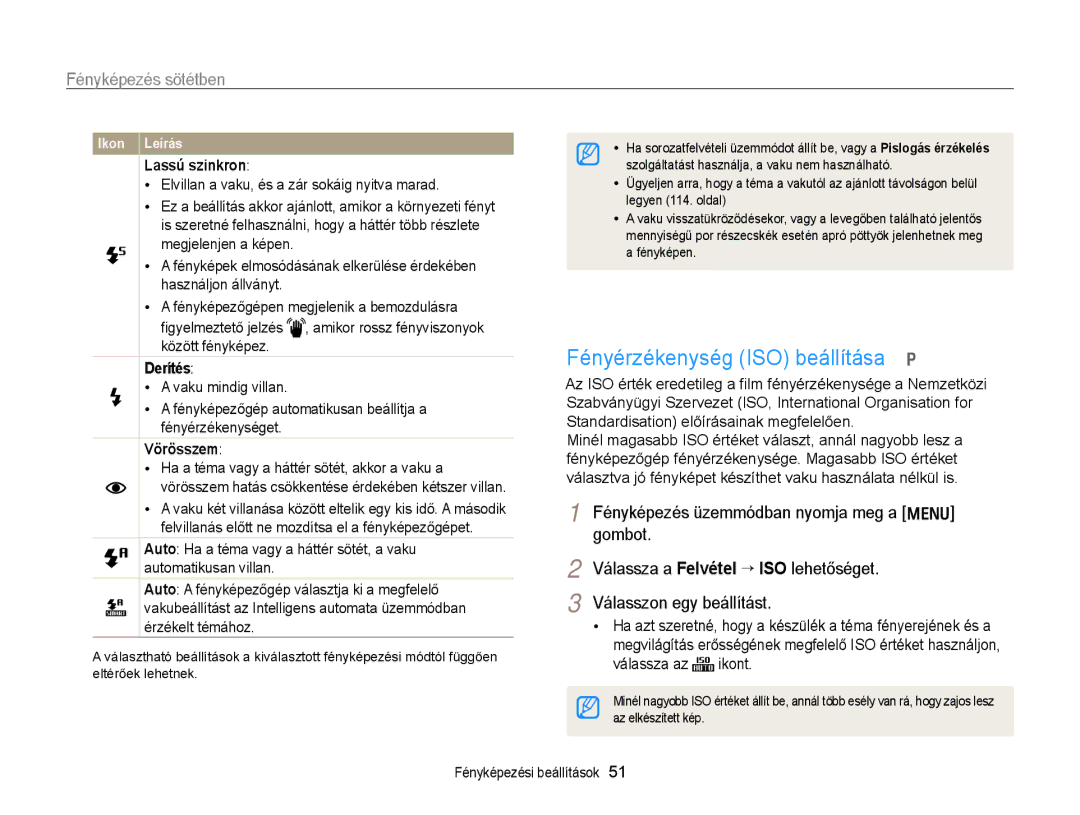 Samsung EC-PL170ZBPSE3 manual Fényérzékenység ISO beállítása p, Fényképezés sötétben, Lassú szinkron, Derítés, Vörösszem 