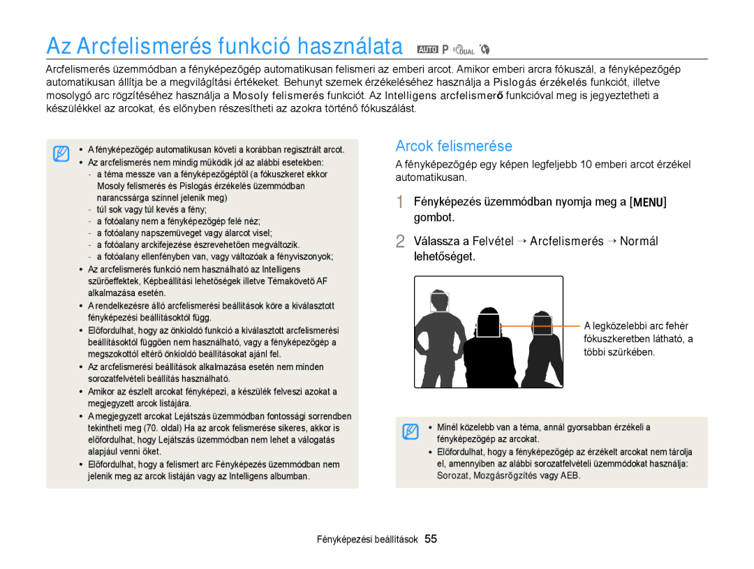 Samsung EC-PL170ZFPLE3 Az Arcfelismerés funkció használata a p d b, Arcok felismerése, Sorozat , Mozgásrögzítés vagy AEB 