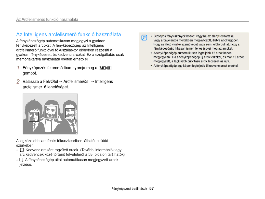 Samsung EC-PL170ZFPSE3, EC-PL170ZBPBE1, EC-PL170ZBPLE1, EC-PL170ZBPBE3 manual Az Intelligens arcfelismerő funkció használata 