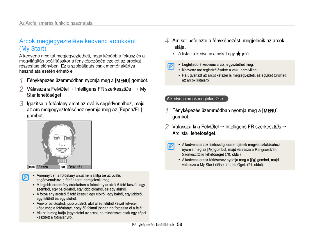 Samsung EC-PL170ZFPPE3 manual Arcok megjegyeztetése kedvenc arcokként My Start, Listán a kedvenc arcokat egy jelöli 