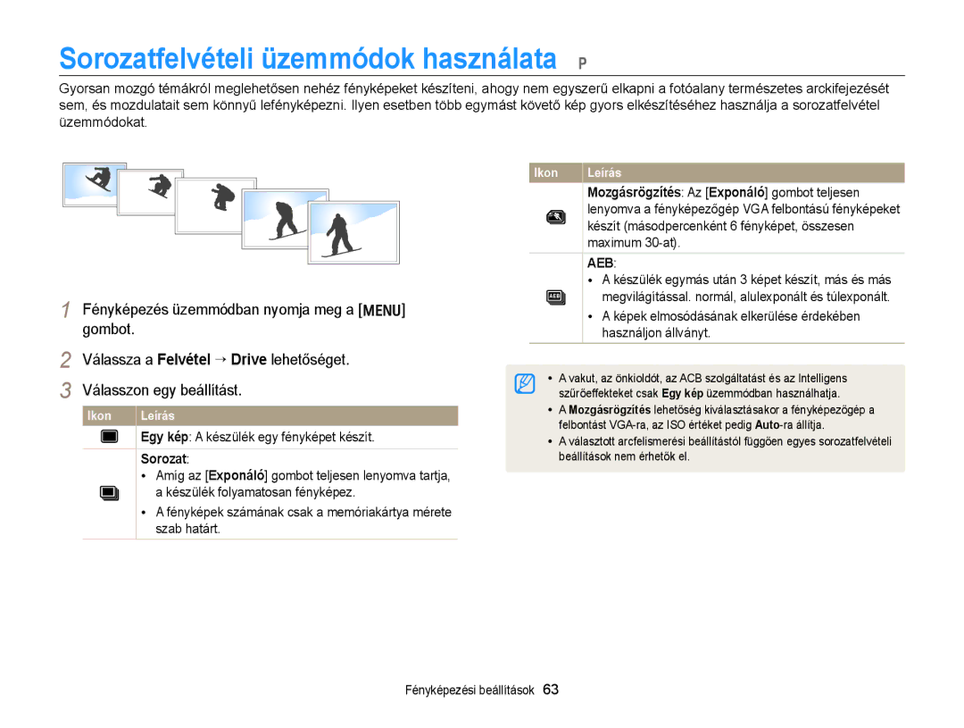 Samsung EC-PL170ZBPSE3 Sorozatfelvételi üzemmódok használata p, Fényképek számának csak a memóriakártya mérete szab határt 