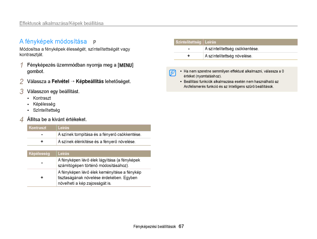 Samsung EC-PL170ZFPLE3 manual Fényképek módosítása p, Állítsa be a kívánt értékeket, Kontraszt Képélesség Színtelítettség 