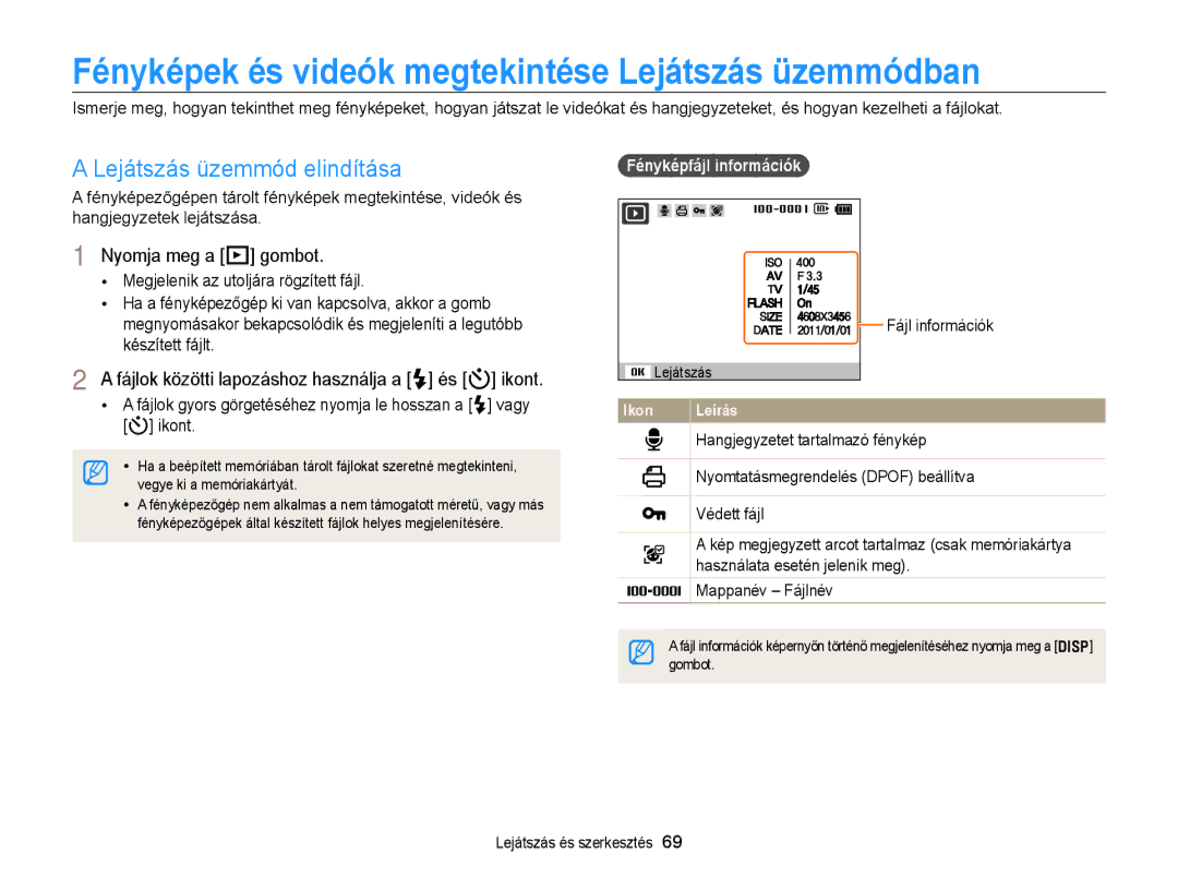 Samsung EC-PL170ZFPSE3 Fényképek és videók megtekintése Lejátszás üzemmódban, Nyomja meg a P gombot, Fájl információk 