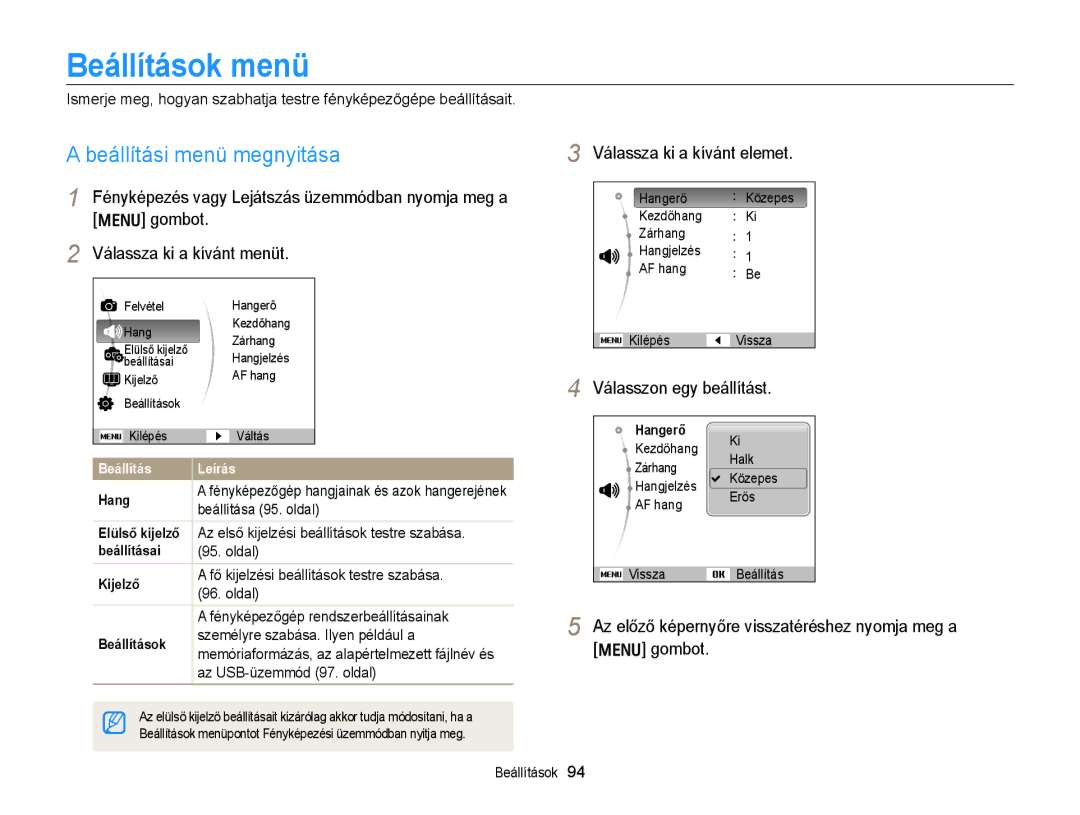 Samsung EC-PL170ZFPPE3, EC-PL170ZBPBE1 manual Beállítások menü, Beállítási menü megnyitása, Válassza ki a kívánt elemet 