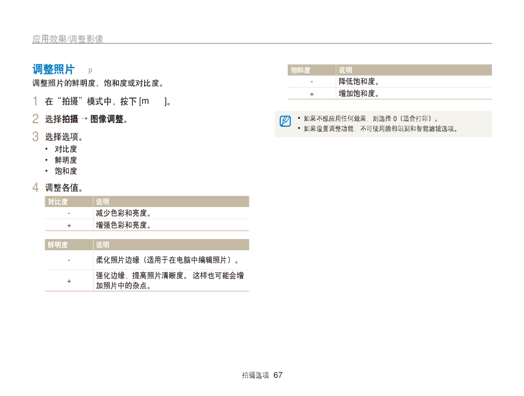 Samsung EC-PL170ZFPLE3, EC-PL170ZBPBE1, EC-PL170ZBPLE1, EC-PL170ZBPBE3 manual 调整照片 p, 在拍摄模式中，按下 m。 2 选择拍摄 → 图像调整。 选择选项。, 调整各值。 