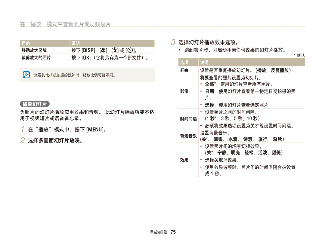 Samsung EC-PL170ZBPSE3, EC-PL170ZBPBE1, EC-PL170ZBPLE1, EC-PL170ZBPBE3 manual 在播放模式中，按下 m。 2 选择多画面幻灯片放映。 选择幻灯片播放效果选项。, 播放幻灯片 