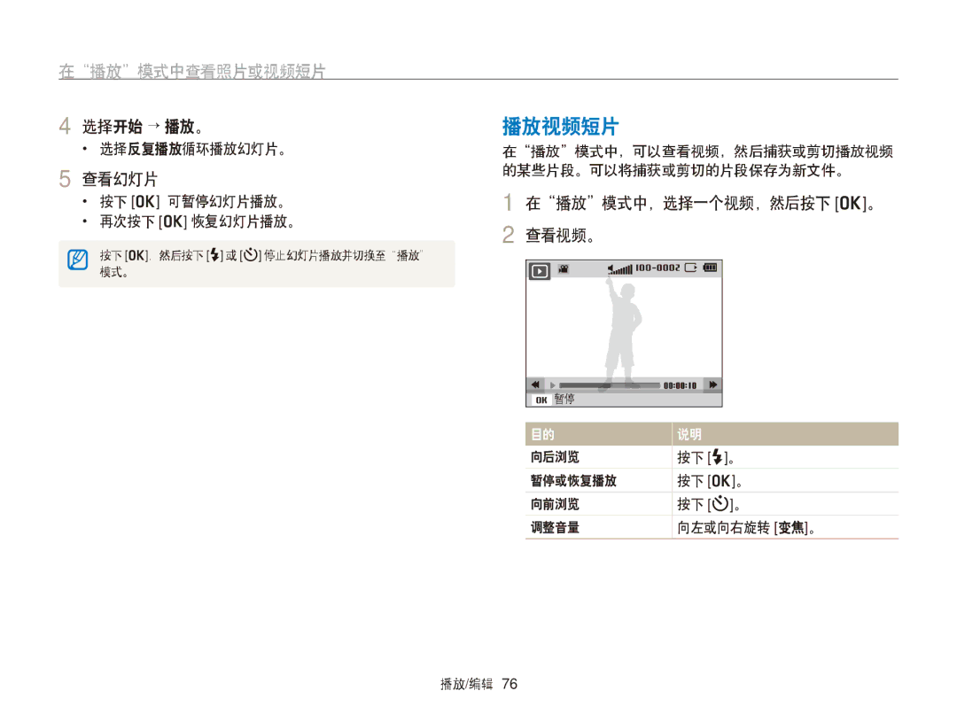 Samsung EC-PL170ZFPBE3, EC-PL170ZBPBE1, EC-PL170ZBPLE1 manual 播放视频短片, 选择开始 → 播放。, 查看幻灯片, 在播放模式中，选择一个视频，然后按下 o。 2 查看视频。 