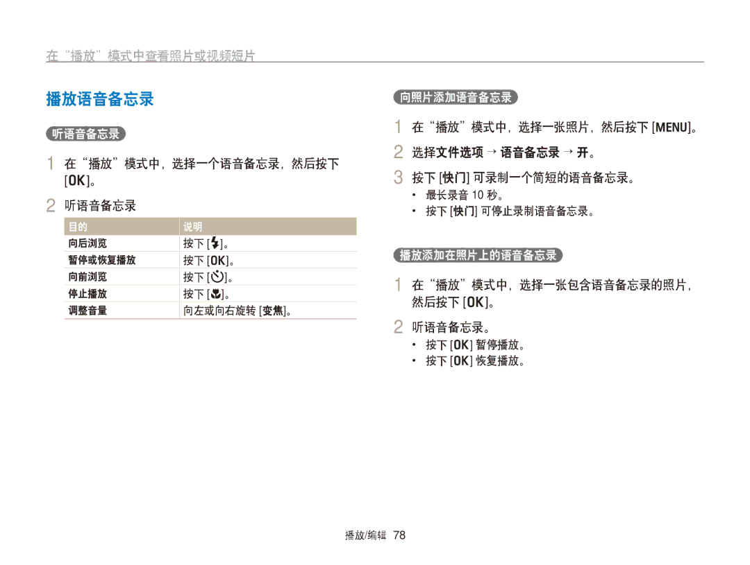 Samsung EC-PL170ZFPBE2, EC-PL170ZBPBE1 manual 播放语音备忘录, 在播放模式中，选择一个语音备忘录，然后按下 听语音备忘录, 在播放模式中，选择一张包含语音备忘录的照片， 然后按下 o。 听语音备忘录。 