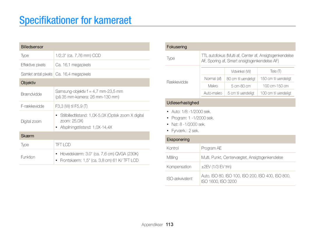 Samsung EC-PL170ZBPSE2, EC-PL170ZBPBE2, EC-PL170ZFPLE2, EC-PL170ZFPSE2, EC-PL170ZFPBE2 manual Speciﬁkationer for kameraet 