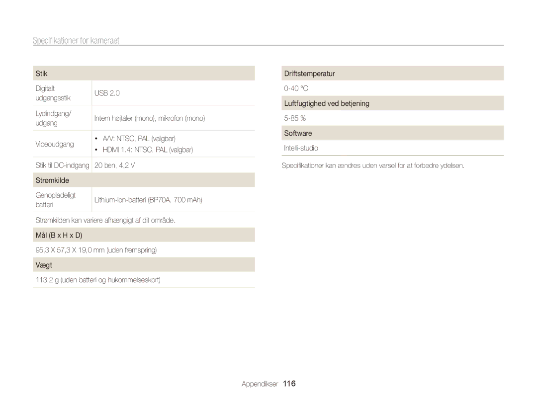 Samsung EC-PL170ZFPSE2, EC-PL170ZBPBE2, EC-PL170ZFPLE2, EC-PL170ZFPBE2 manual Specifikationer for kameraet, 20 ben, 4,2 