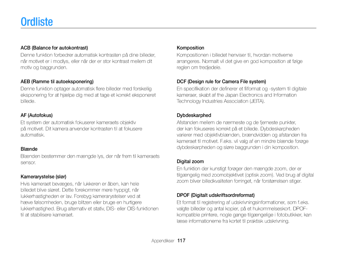 Samsung EC-PL170ZFPBE2, EC-PL170ZBPBE2, EC-PL170ZFPLE2 manual Ordliste, Digital zoom, Dpof Digitalt udskriftsordreformat 