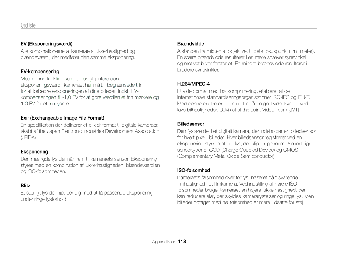 Samsung EC-PL170ZBPSE2, EC-PL170ZBPBE2, EC-PL170ZFPLE2, EC-PL170ZFPSE2 manual Ordliste, EV Eksponeringsværdi, Billedsensor 