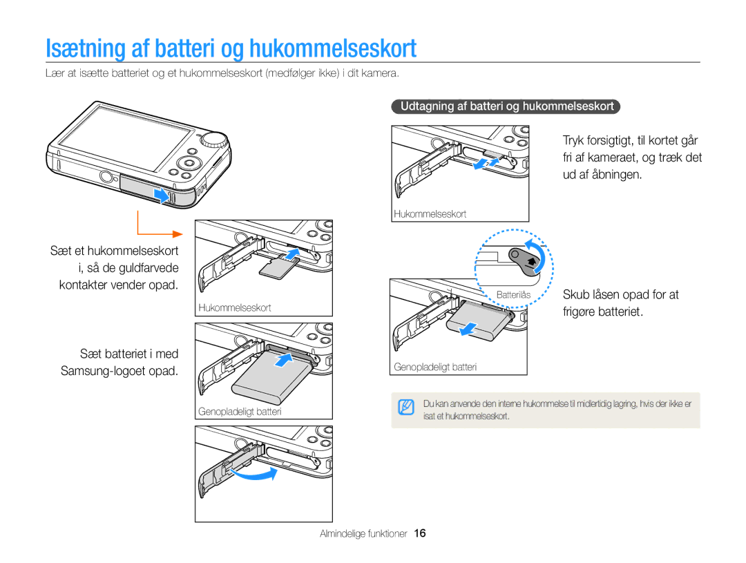 Samsung EC-PL170ZFPSE2 manual Isætning af batteri og hukommelseskort, Batterilås Skub låsen opad for at frigøre batteriet 