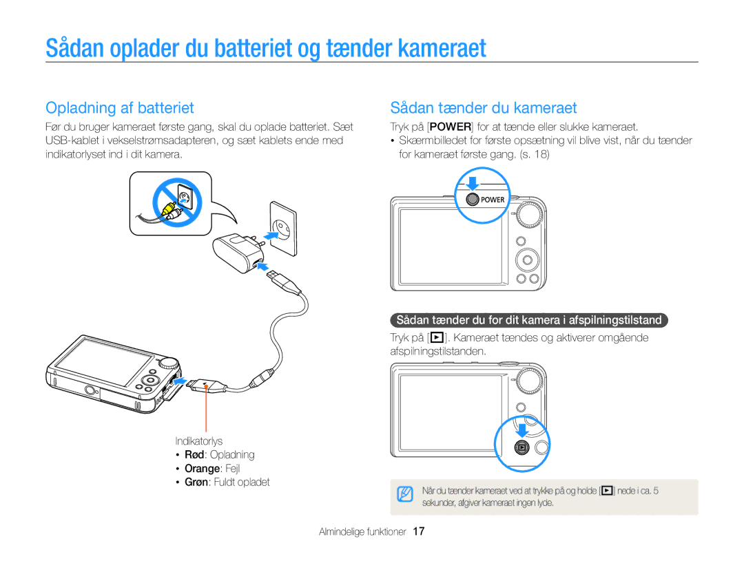 Samsung EC-PL170ZFPBE2 Sådan oplader du batteriet og tænder kameraet, Opladning af batteriet, Sådan tænder du kameraet 