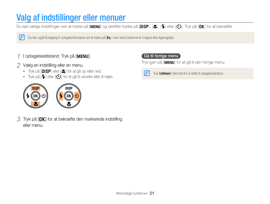 Samsung EC-PL170ZFPSE2 manual Valg af indstillinger eller menuer, Vælg en indstilling eller en menu, Gå til forrige menu 