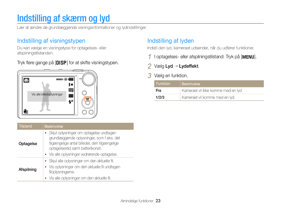 Samsung EC-PL170ZBPSE2, EC-PL170ZBPBE2 Indstilling af skærm og lyd, Indstilling af visningstypen, Indstilling af lyden 