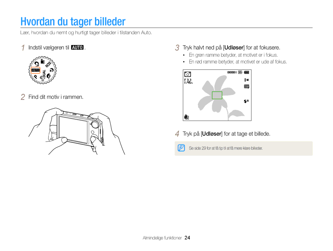 Samsung EC-PL170ZBPBE2, EC-PL170ZFPLE2, EC-PL170ZFPSE2 Hvordan du tager billeder, Tryk på Udløser for at tage et billede 