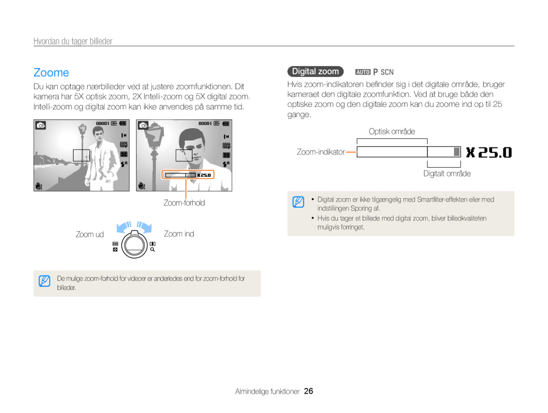 Samsung EC-PL170ZFPSE2, EC-PL170ZBPBE2, EC-PL170ZFPLE2, EC-PL170ZFPBE2 manual Zoome, Digital zoom a p s, Zoom-forhold Zoom ud 
