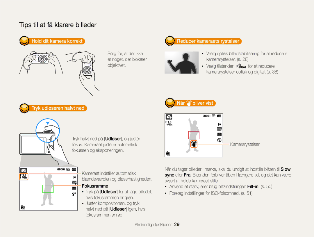 Samsung EC-PL170ZBPBE2 Hold dit kamera korrekt, Reducer kameraets rystelser, Tryk udløseren halvt ned, Når bliver vist 