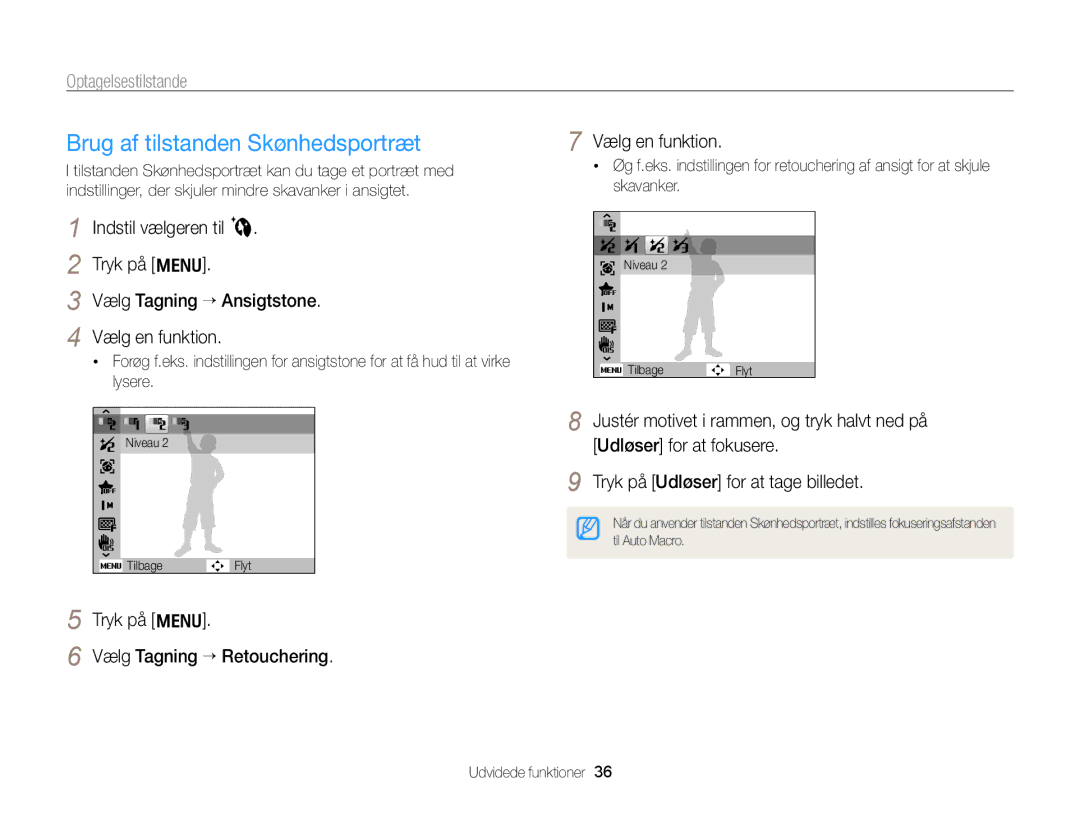 Samsung EC-PL170ZFPSE2, EC-PL170ZBPBE2, EC-PL170ZFPLE2 manual Brug af tilstanden Skønhedsportræt, Vælg Tagning “ Retouchering 