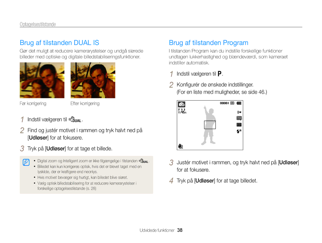 Samsung EC-PL170ZBPSE2, EC-PL170ZBPBE2 manual Brug af tilstanden Dual is, Brug af tilstanden Program, Indstil vælgeren til d 